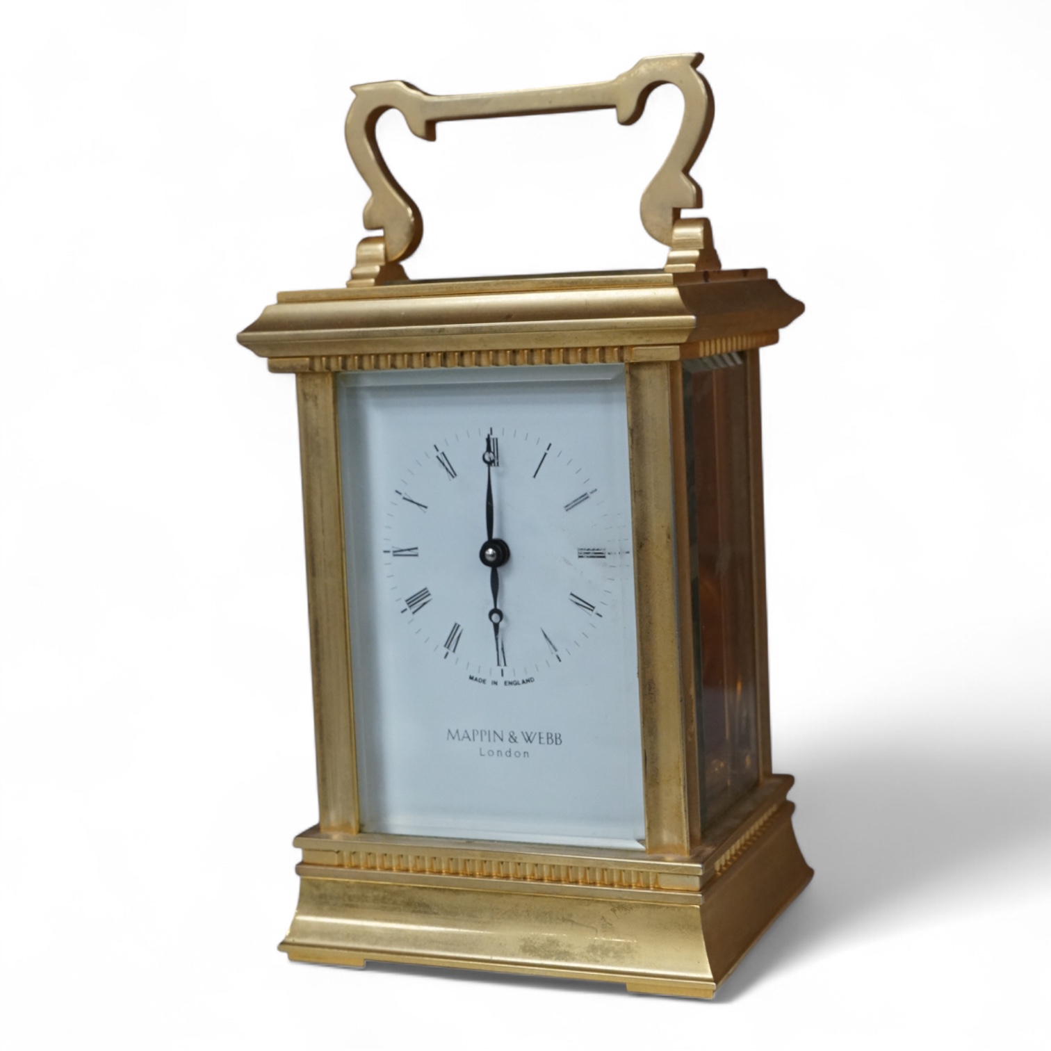 A Mappin and Webb, gilt brass carriage timepiece, 13cm high.